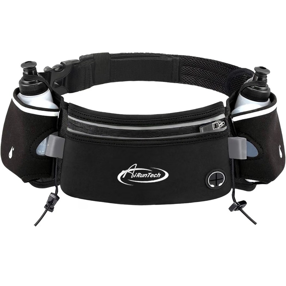 AiRunTech Hydration Running Belt with 2 Water Bottles Black Waist Pack Bag